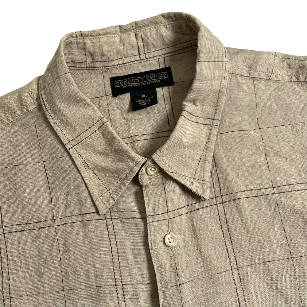 Donald J Trump Signature Collection Mens XL Brown plaid Linen Button Up Shirt